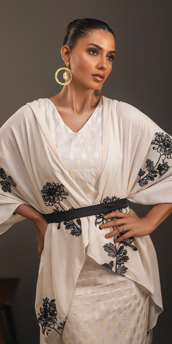 Pakistani Ivory Embroidered Georgette Cape Dress (3-Piece) - Image 3