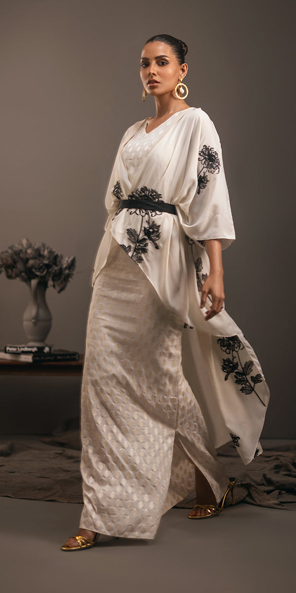 Pakistani Ivory Embroidered Georgette Cape Dress (3-Piece) - Image 4