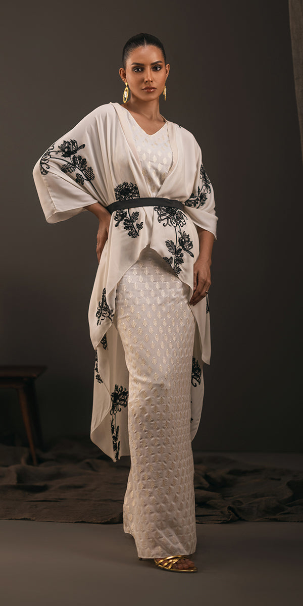 Pakistani Ivory Embroidered Georgette Cape Dress (3-Piece) - Image 5