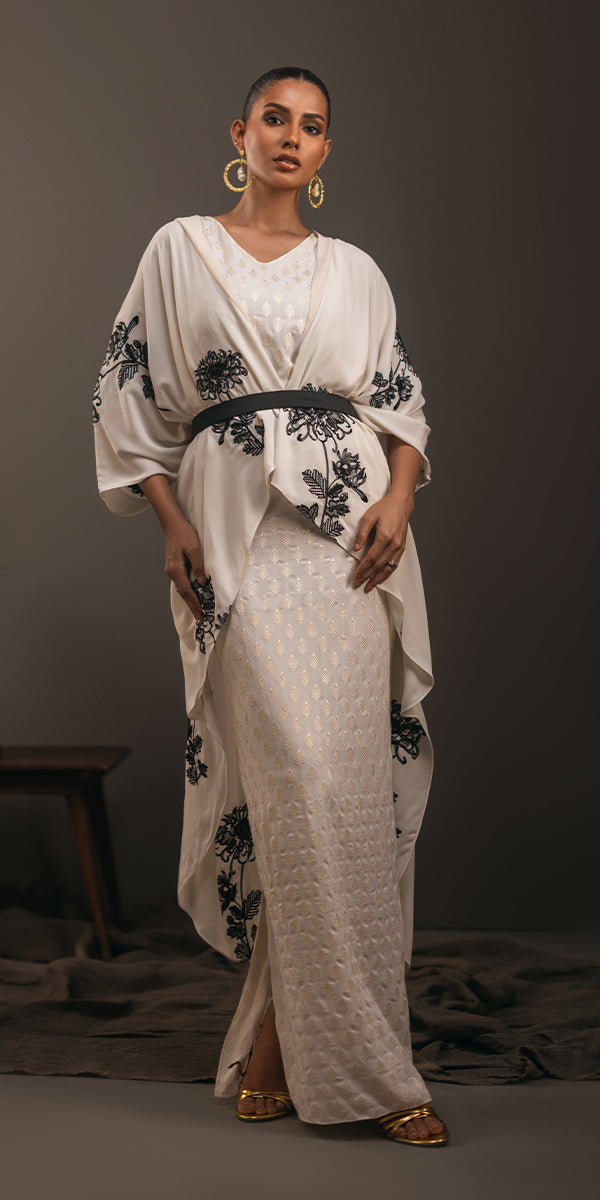 Pakistani Ivory Embroidered Georgette Cape Dress (3-Piece) - Image 6