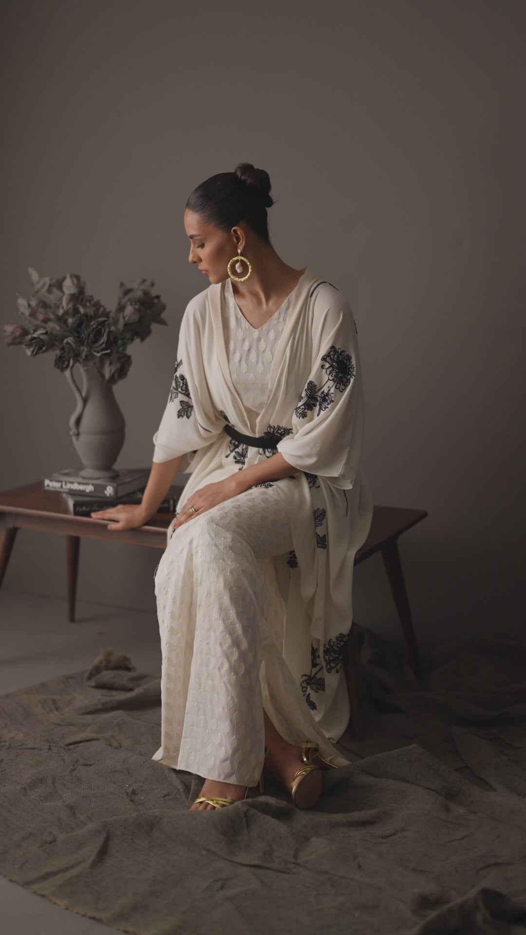 Pakistani Ivory Embroidered Georgette Cape Dress (3-Piece) - Image 8