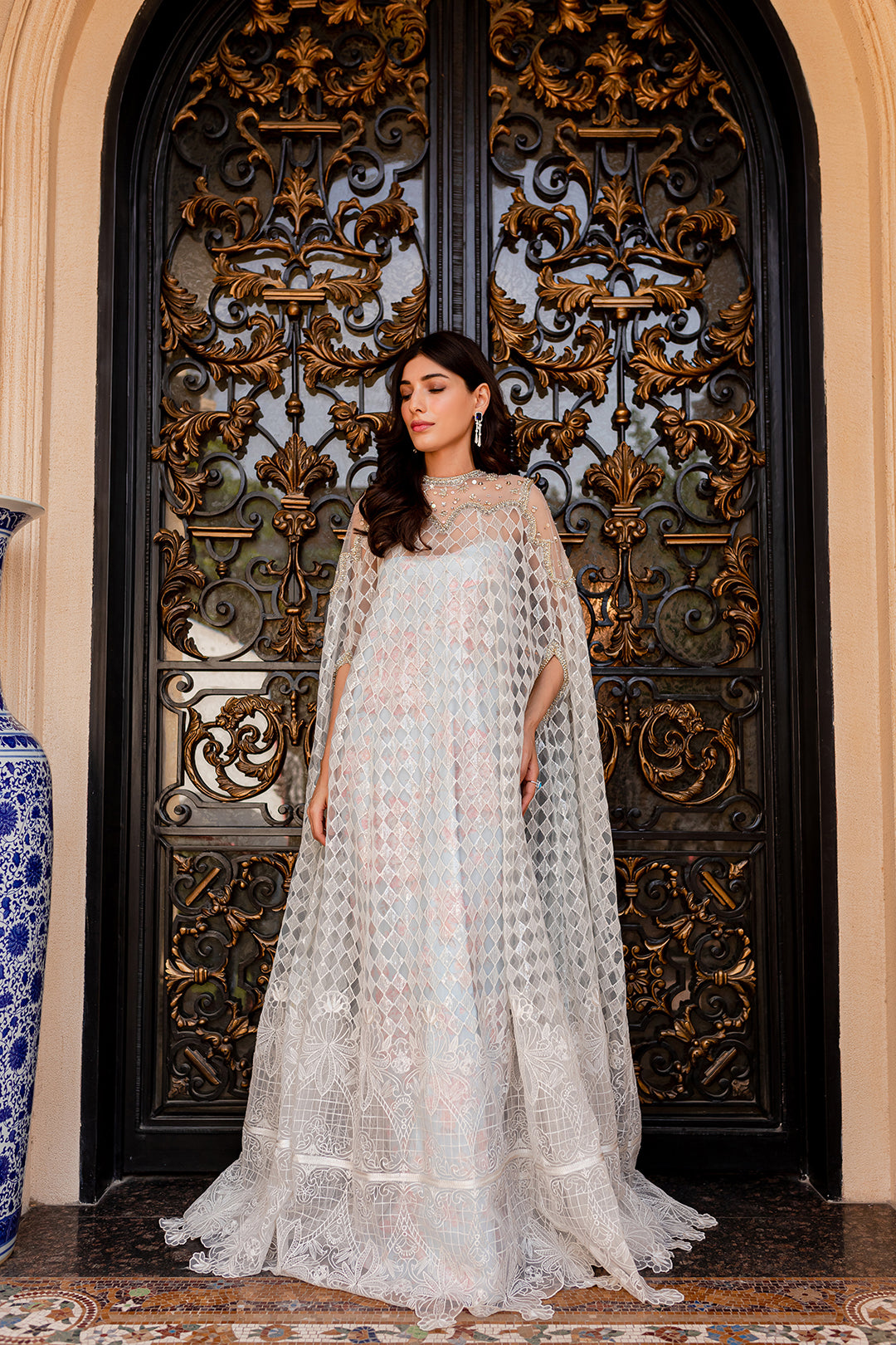 Pakistani Ivory Embroidered Net Cape Gown (1-Pc) - Image 1