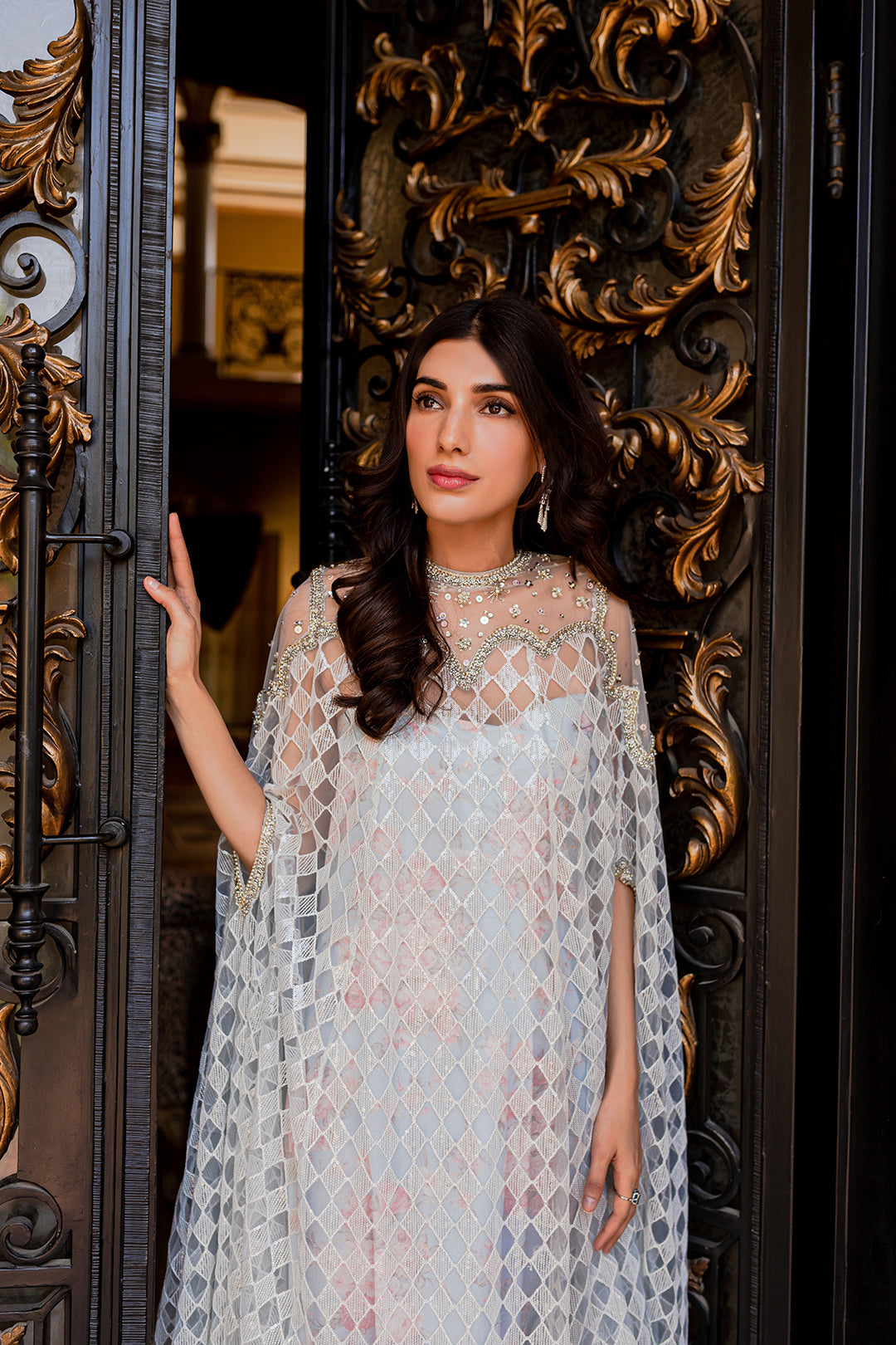 Pakistani Ivory Embroidered Net Cape Gown (1-Pc) - Image 2