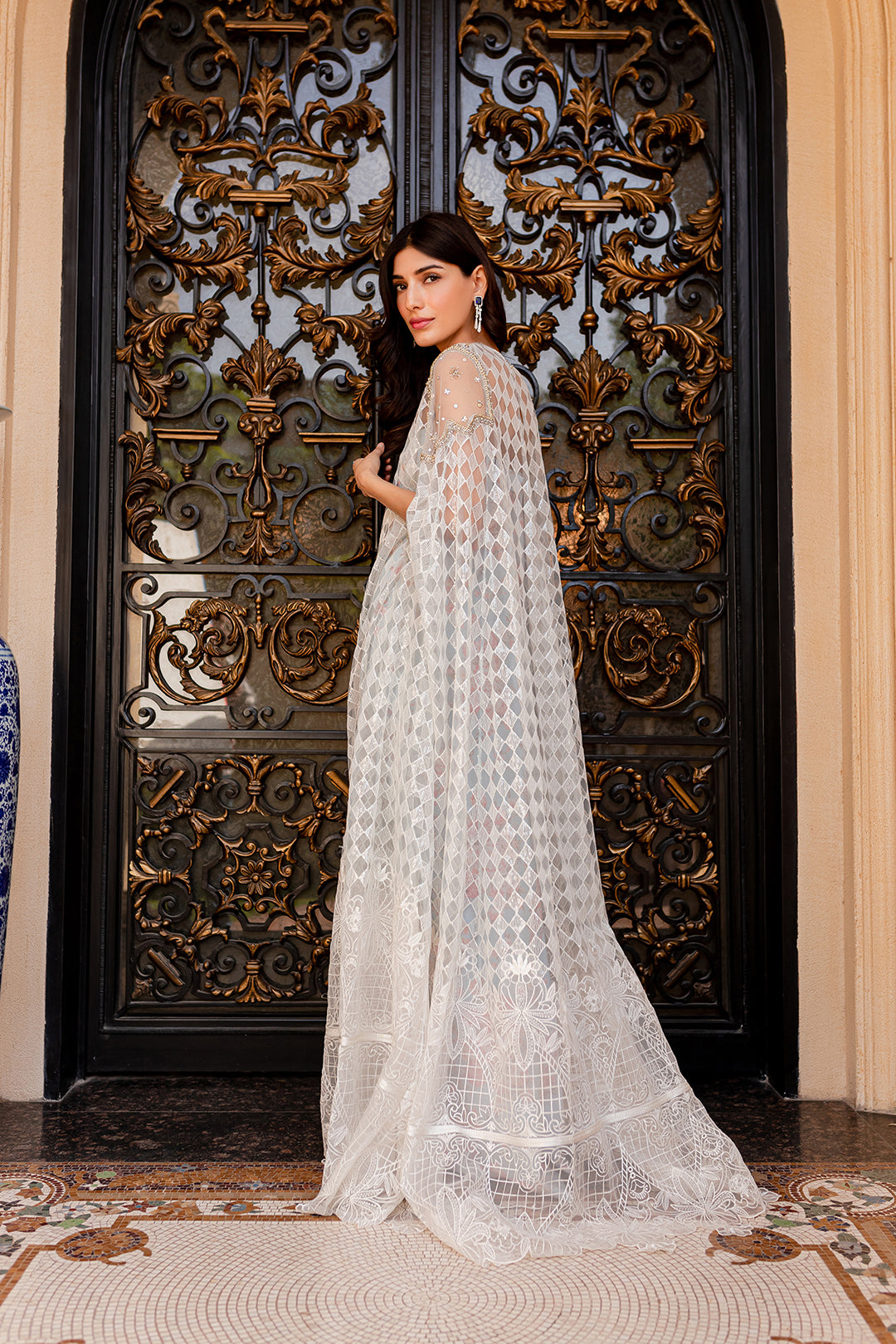 Pakistani Ivory Embroidered Net Cape Gown (1-Pc) - Image 3