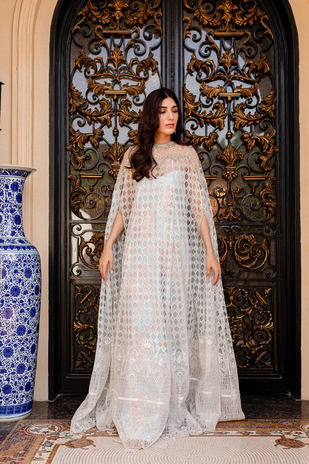 Pakistani Ivory Embroidered Net Cape Gown (1-Pc) - Image 4