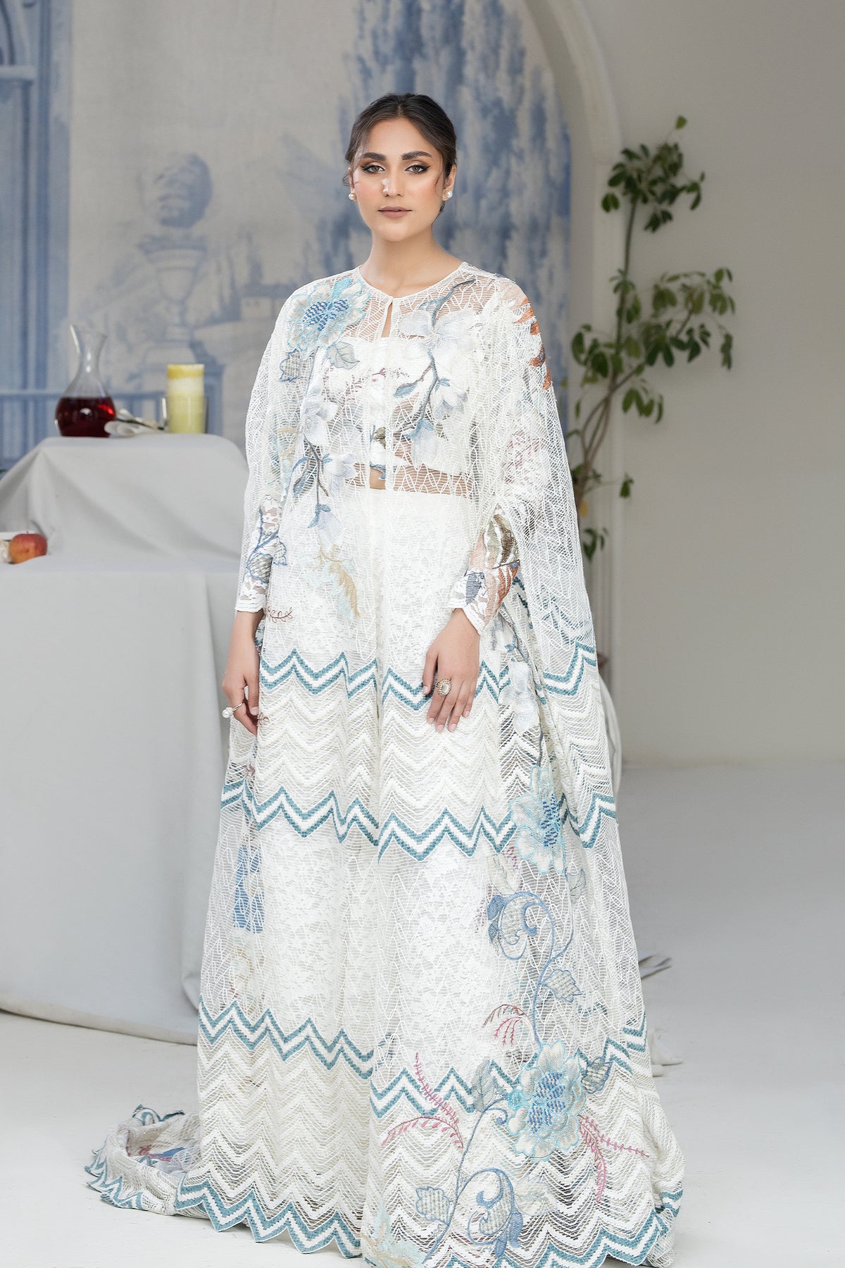 Pakistani Ivory Pastel Embroidered Net Cape Jacket Dress (1-Pc) - Image 1