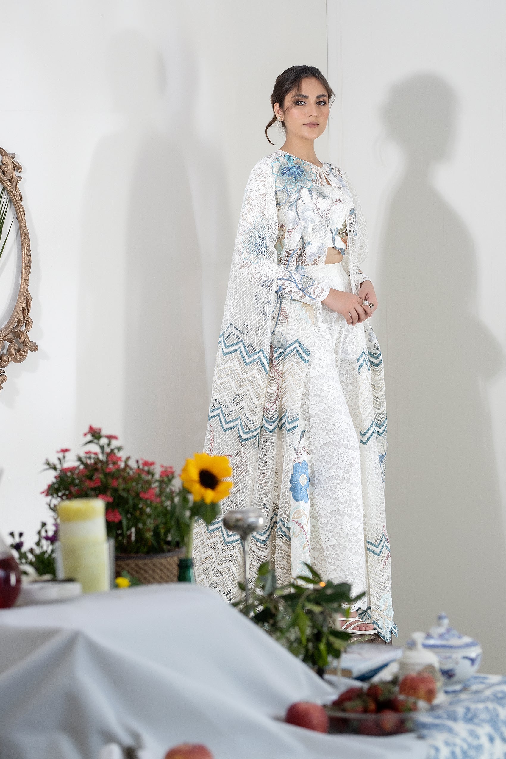 Pakistani Ivory Pastel Embroidered Net Cape Jacket Dress (1-Pc) - Image 4