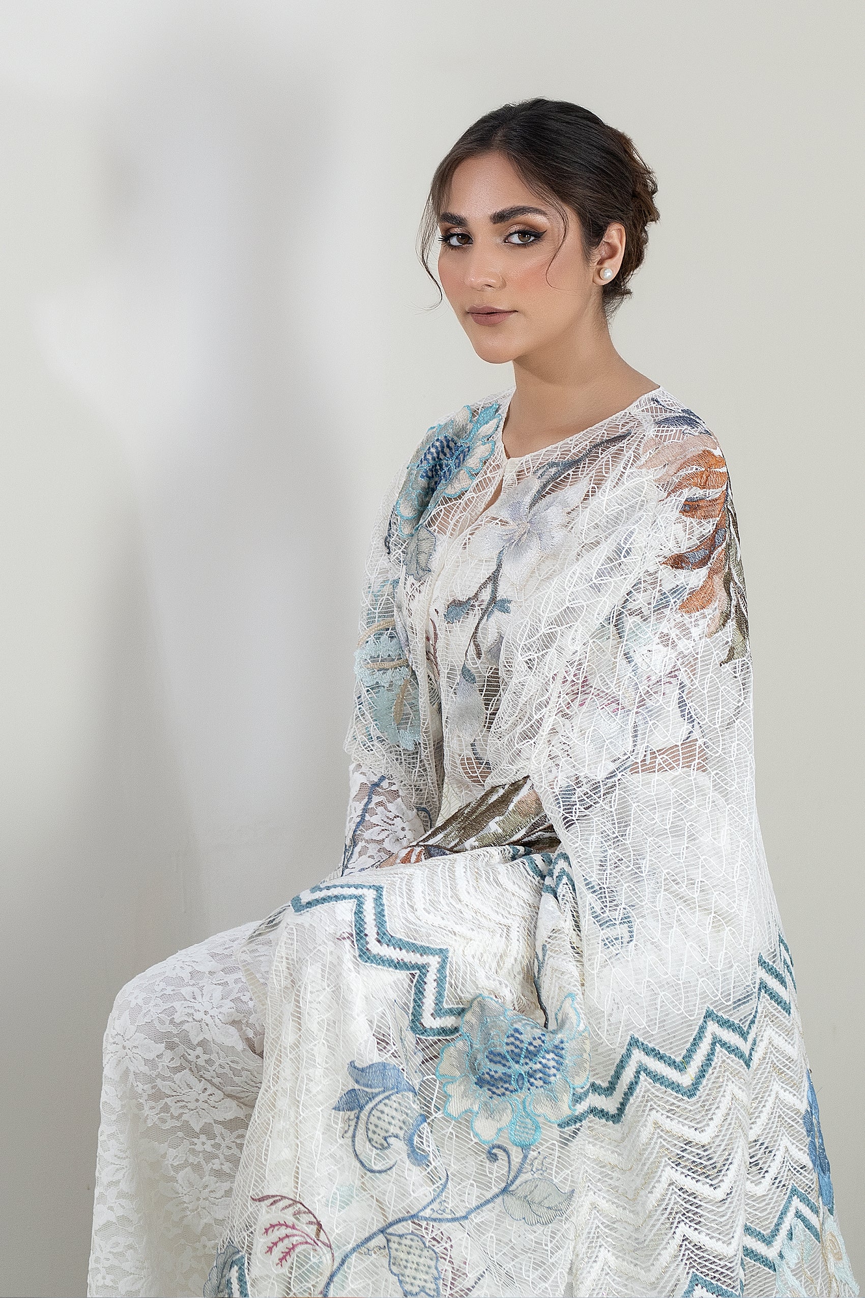 Pakistani Ivory Pastel Embroidered Net Cape Jacket Dress (1-Pc) - Image 5