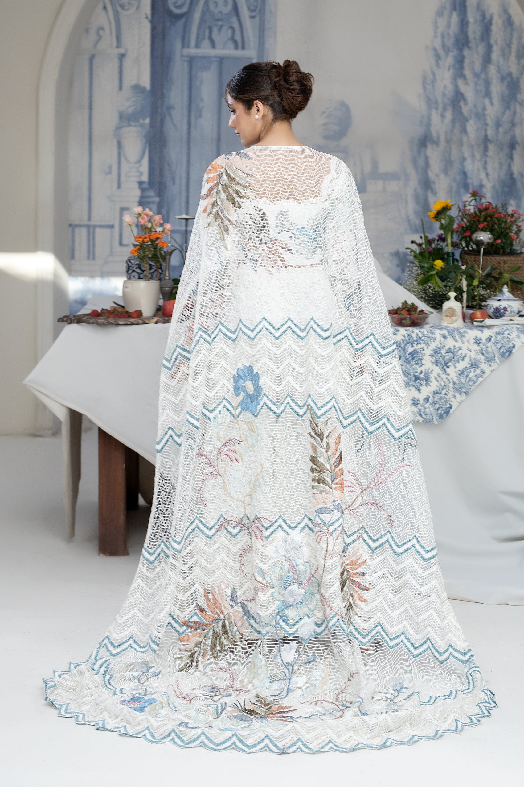 Pakistani Ivory Pastel Embroidered Net Cape Jacket Dress (1-Pc) - Image 6