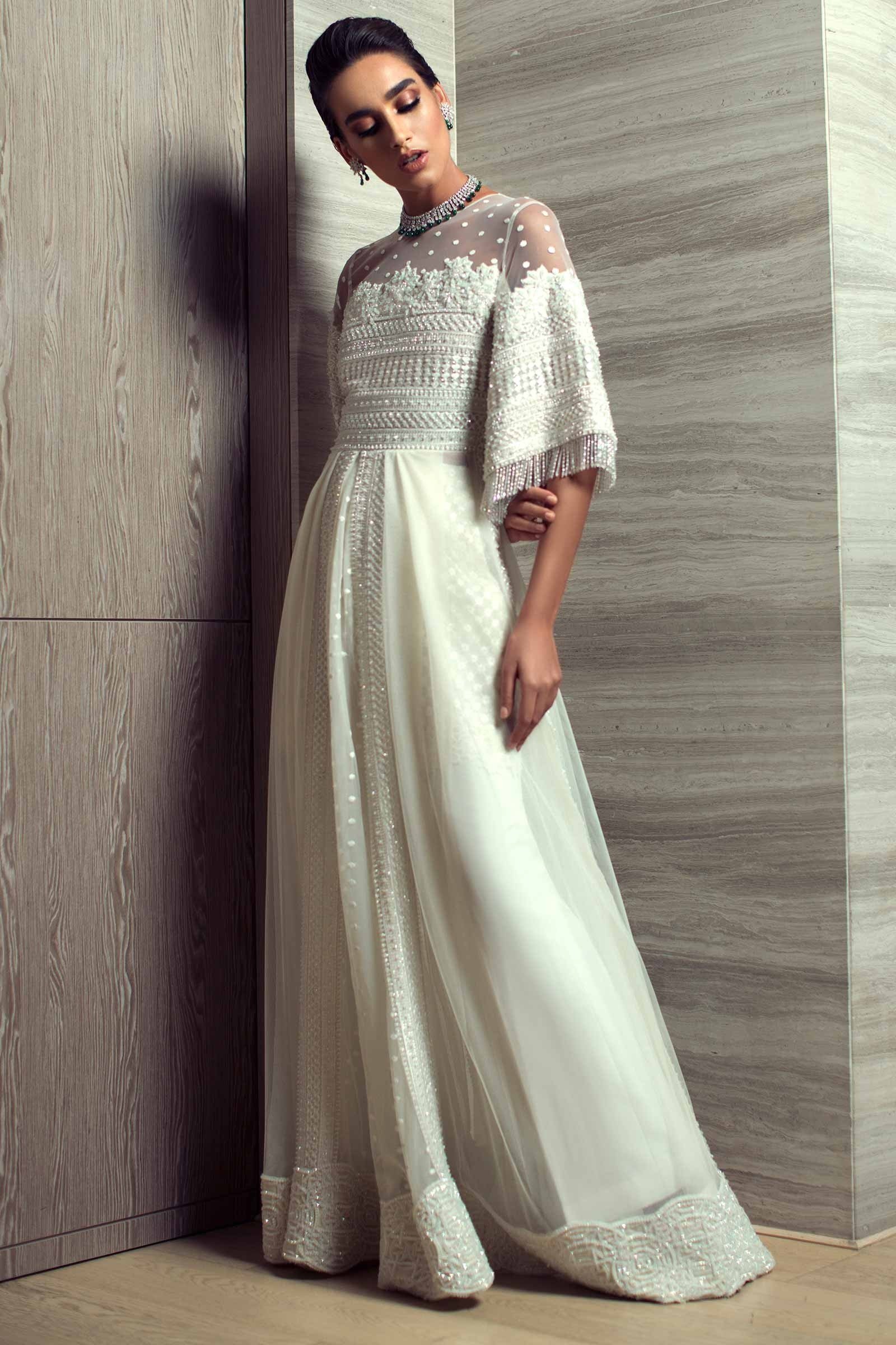 Pakistani Ivory Pearl Embroidered Net Cape Gown (1-Pc) - Image 1