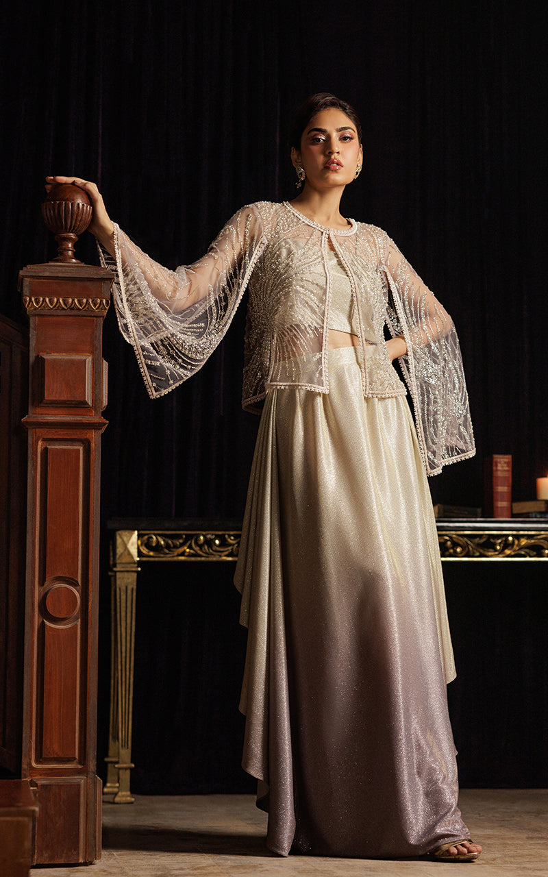 Ivory Embellished Net Cape Dress (3-Piece) - Image 2