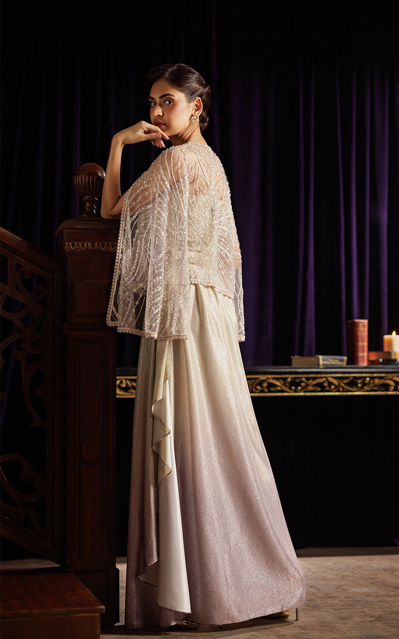 Ivory Embellished Net Cape Dress (3-Piece) - Image 3