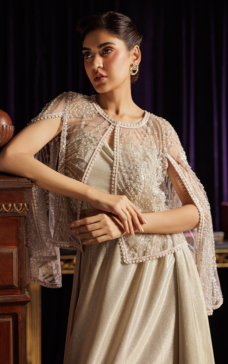 Ivory Embellished Net Cape Dress (3-Piece) - Image 4