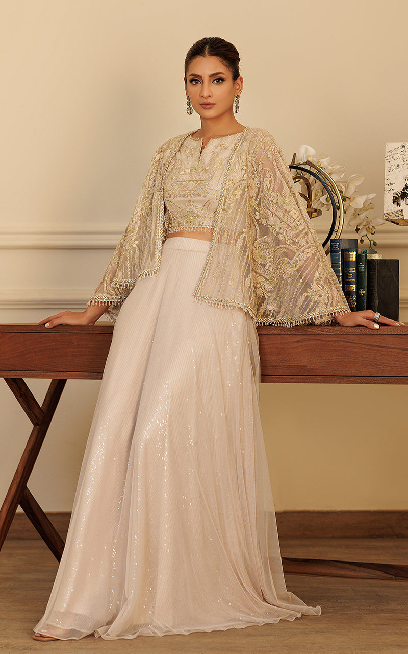 Pakistani Ivory Embroidered Net Cape Dress (3-Piece) - Image 1