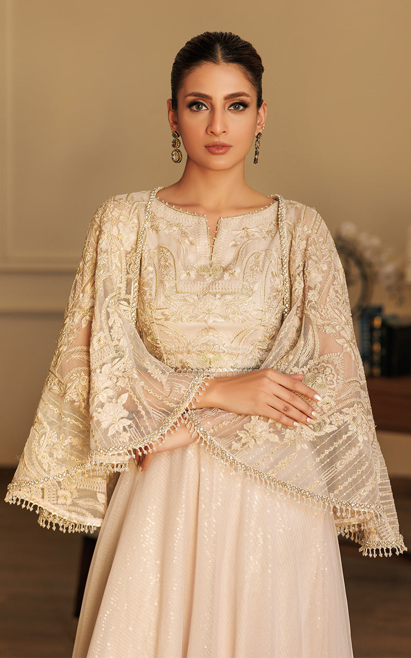Pakistani Ivory Embroidered Net Cape Dress (3-Piece) - Image 2