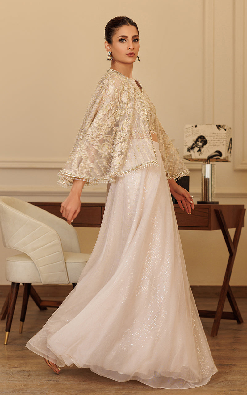 Pakistani Ivory Embroidered Net Cape Dress (3-Piece) - Image 3