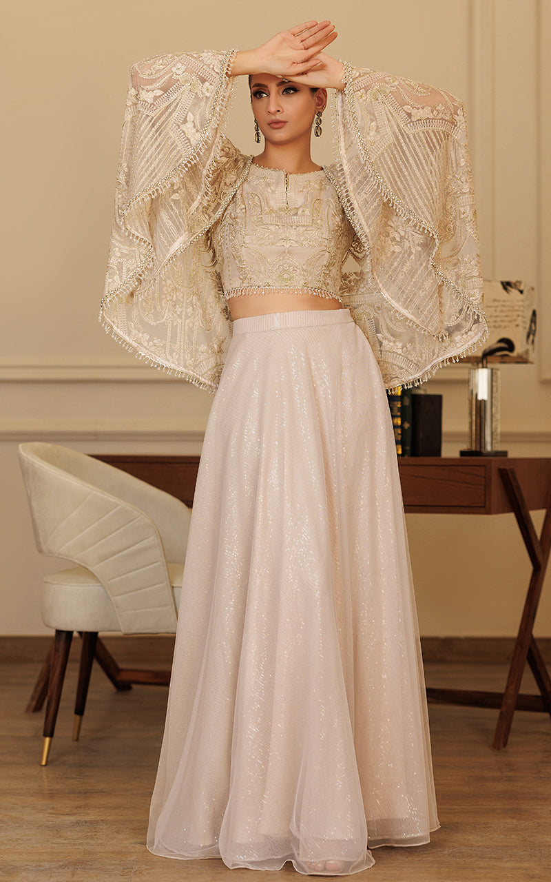 Pakistani Ivory Embroidered Net Cape Dress (3-Piece) - Image 5
