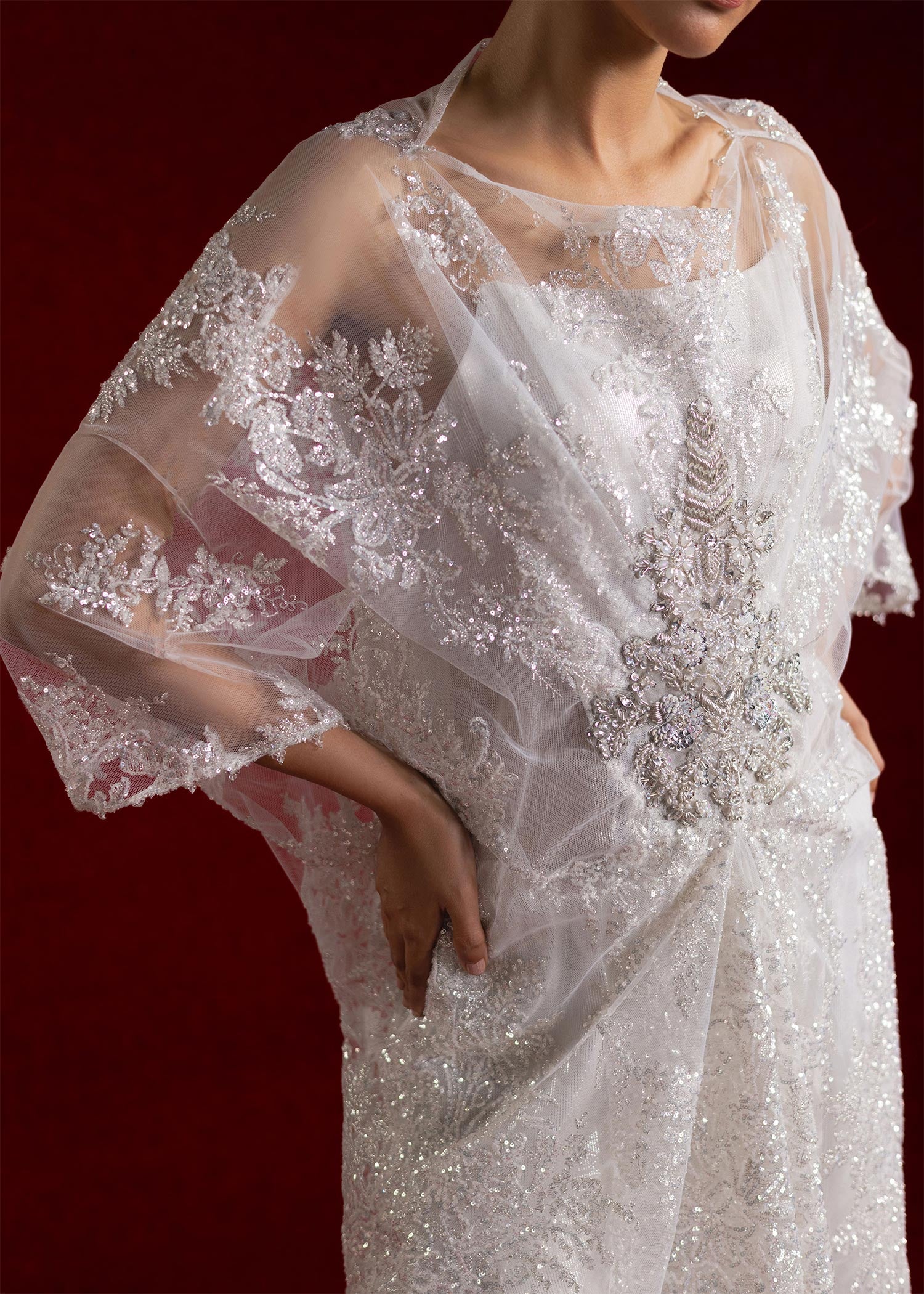 Ivory Embroidered Net Cape with Silk Flared Pants (2-Piece) - Image 3