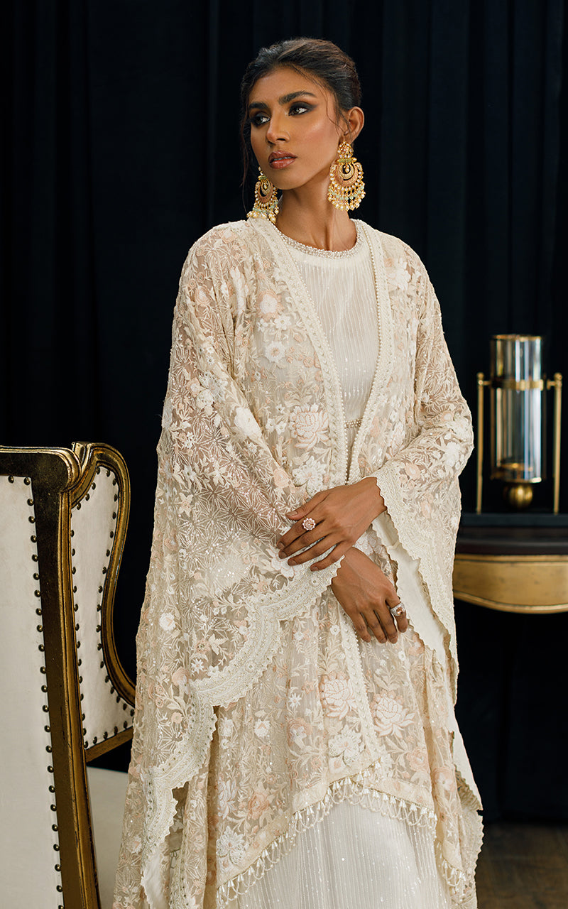 Pakistani Off-White Embroidered Organza Cape with Sequin Maxi (2-Piece) - Image 1