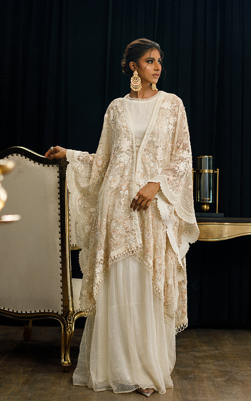 Pakistani Off-White Embroidered Organza Cape with Sequin Maxi (2-Piece) - Image 3