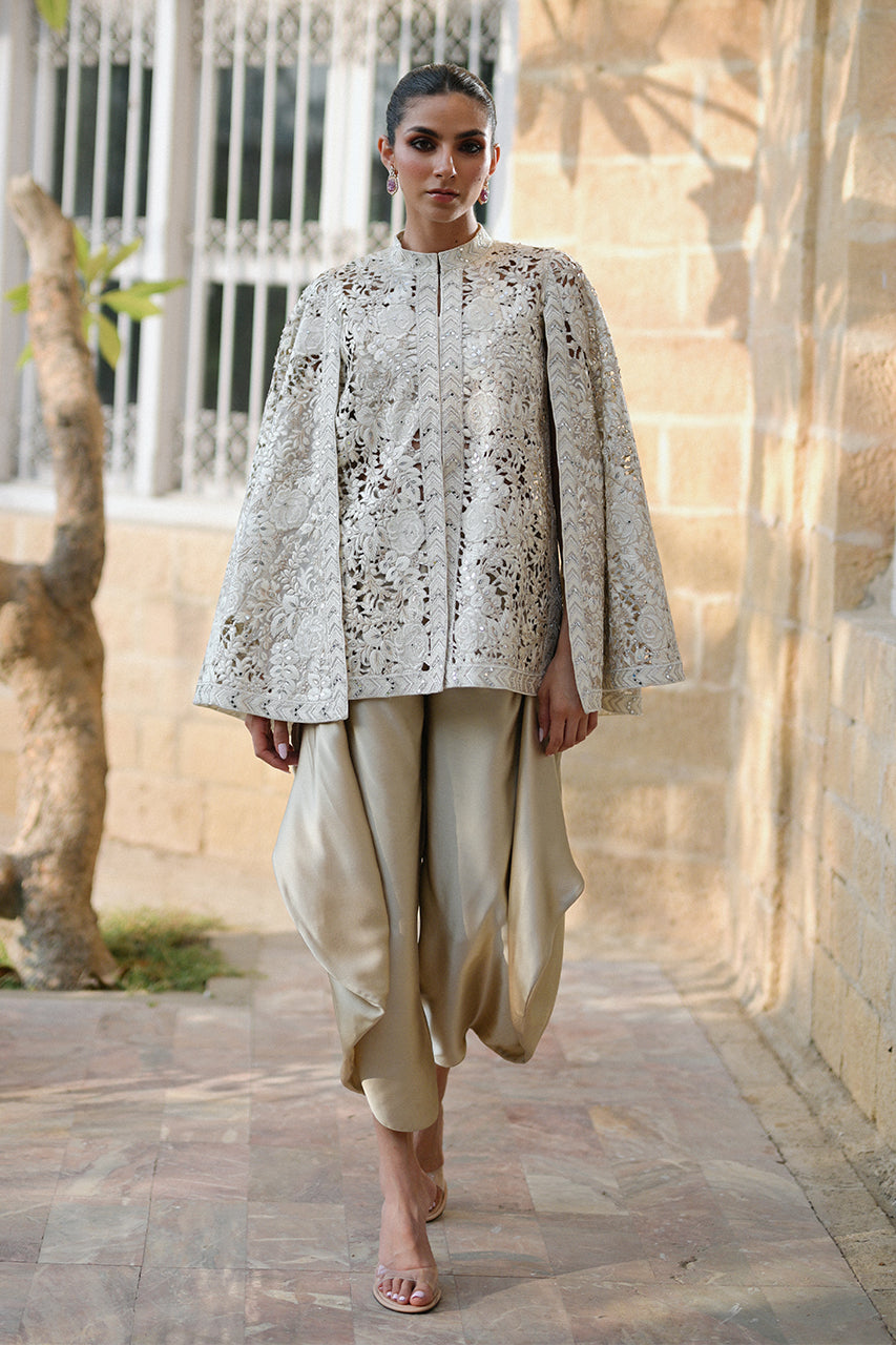 Ivory Embroidered Organza Cape Jacket (3-Piece) - Image 1