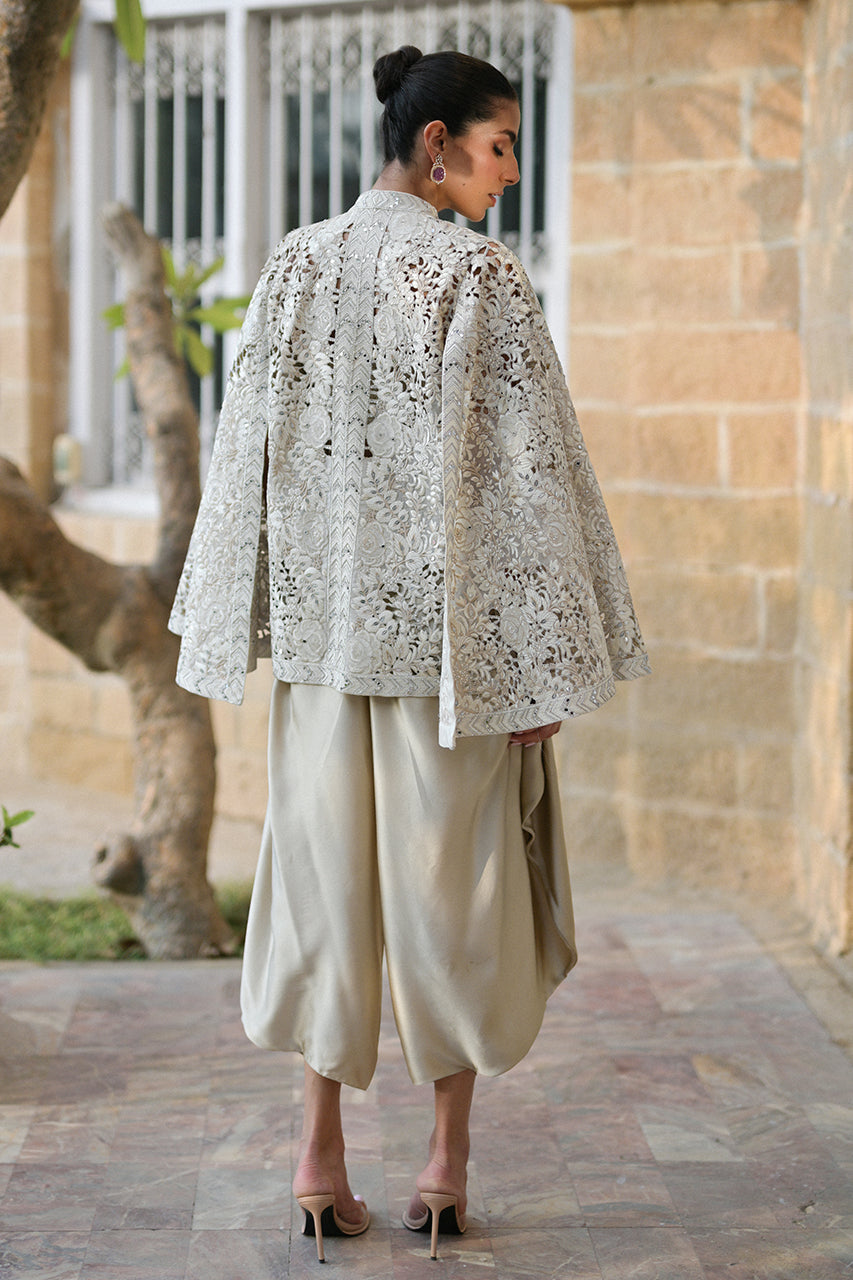 Ivory Embroidered Organza Cape Jacket (3-Piece) - Image 2