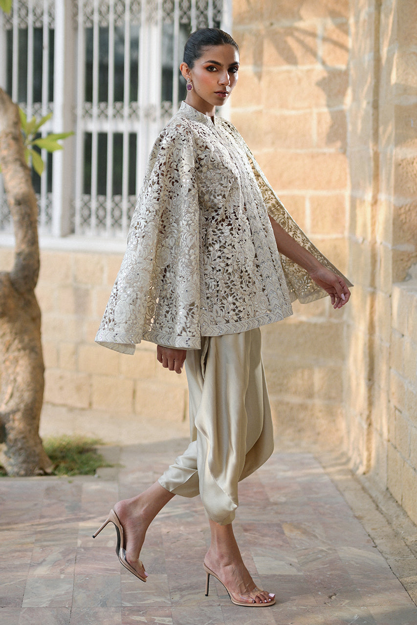 Ivory Embroidered Organza Cape Jacket (3-Piece) - Image 6