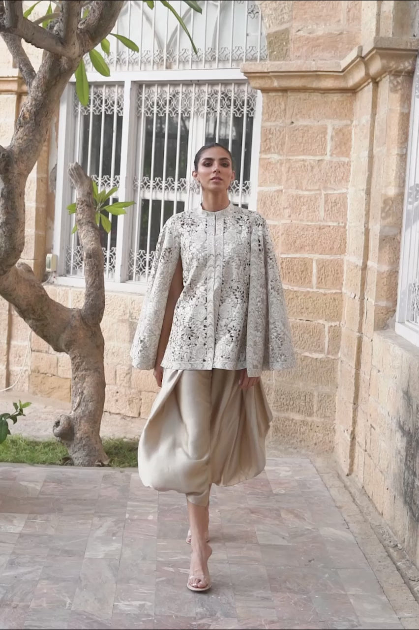 Ivory Embroidered Organza Cape Jacket (3-Piece) - Image 9