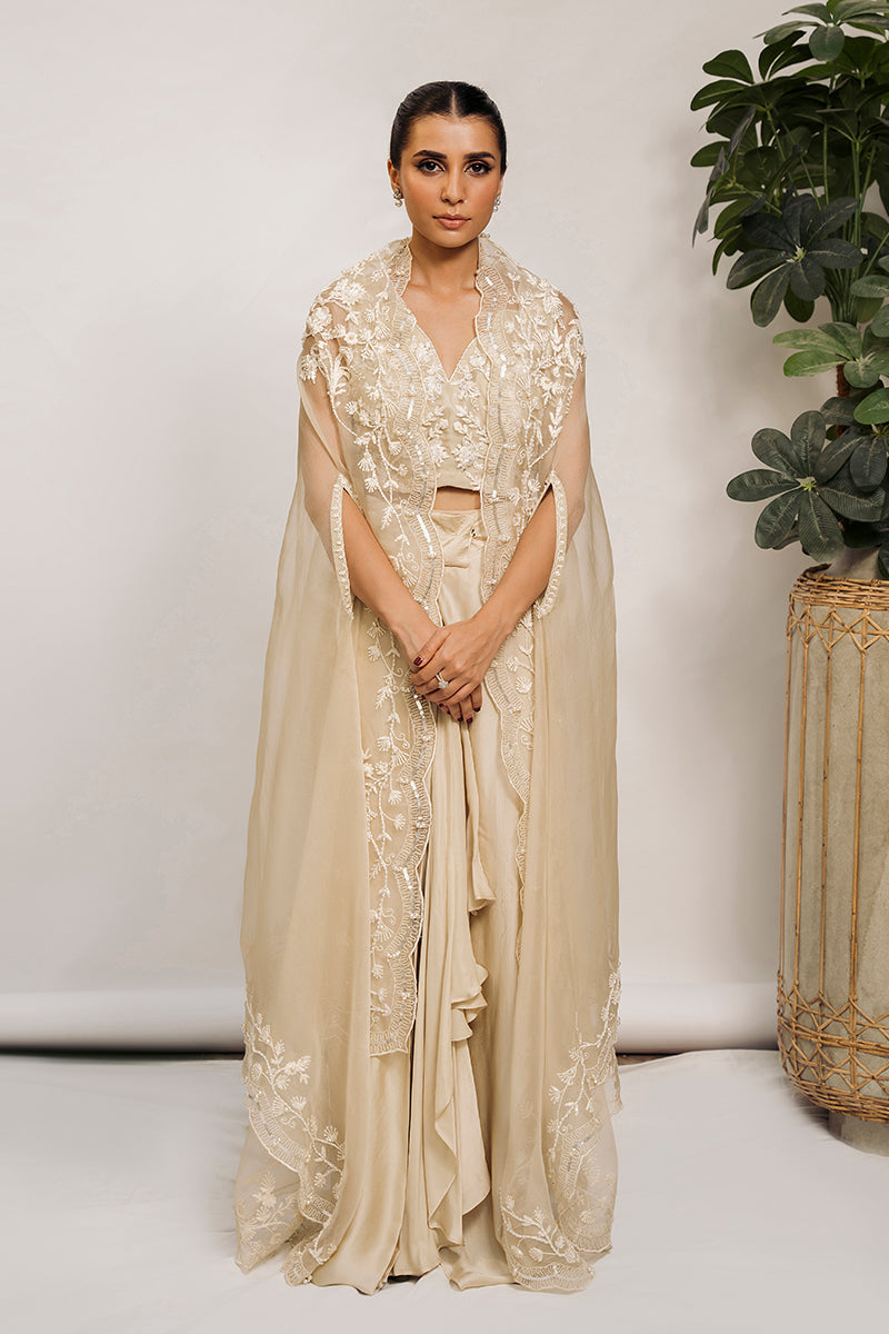 Pakistani Vanilla Embroidered Organza Cape Dress (3-Piece) - Image 1
