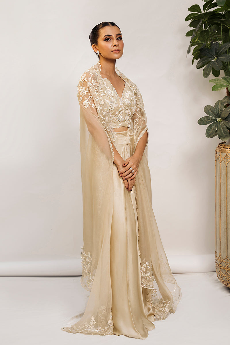 Pakistani Vanilla Embroidered Organza Cape Dress (3-Piece) - Image 3