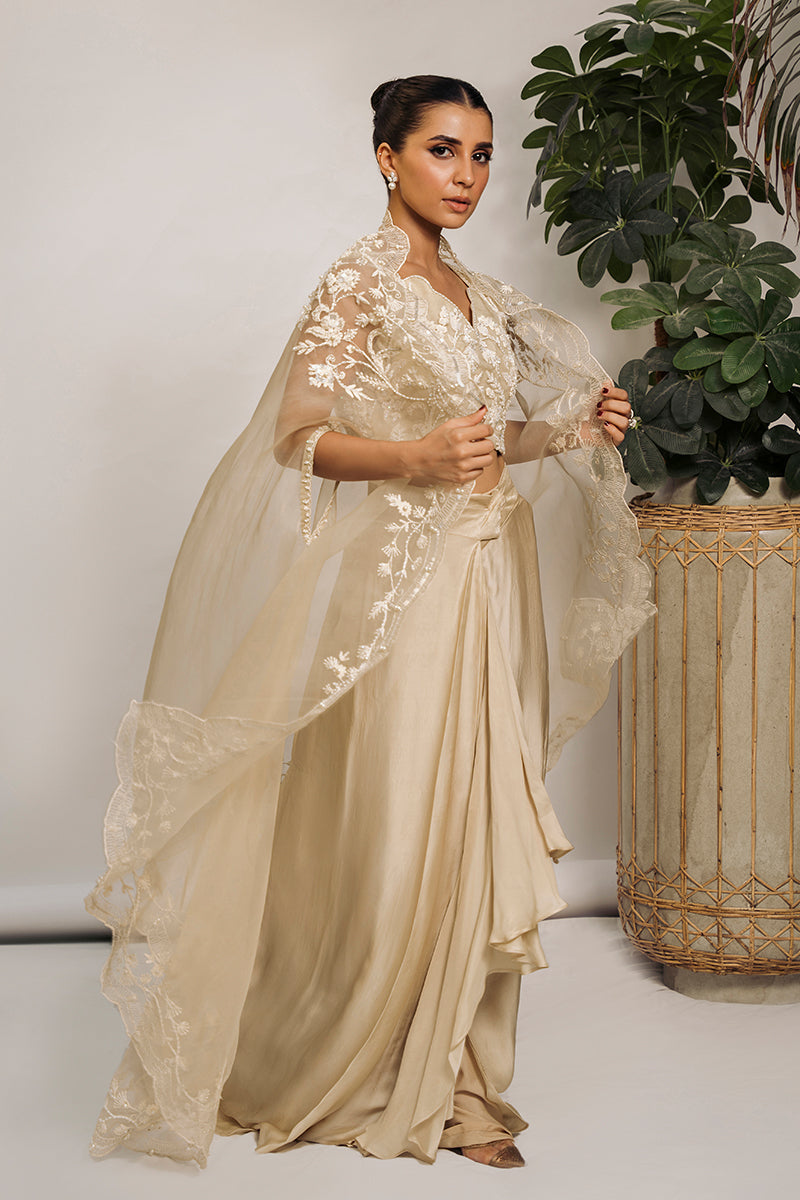 Pakistani Vanilla Embroidered Organza Cape Dress (3-Piece) - Image 4