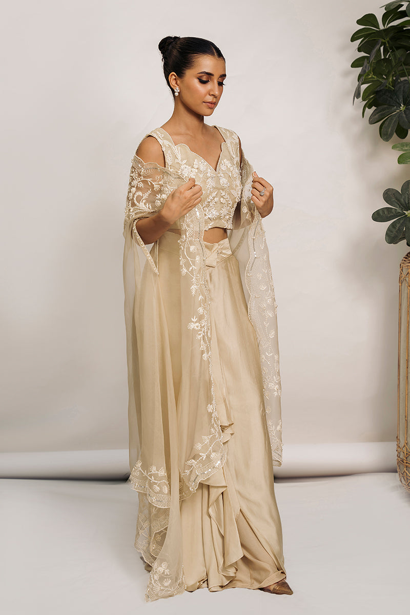 Pakistani Vanilla Embroidered Organza Cape Dress (3-Piece) - Image 5