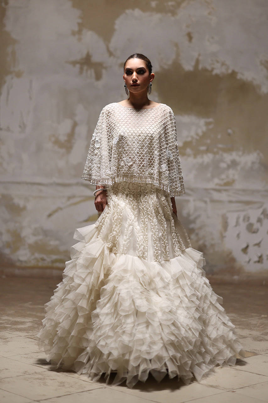 Ivory Zardozi Organza Cape and Lehenga (2-Piece) - Image 1