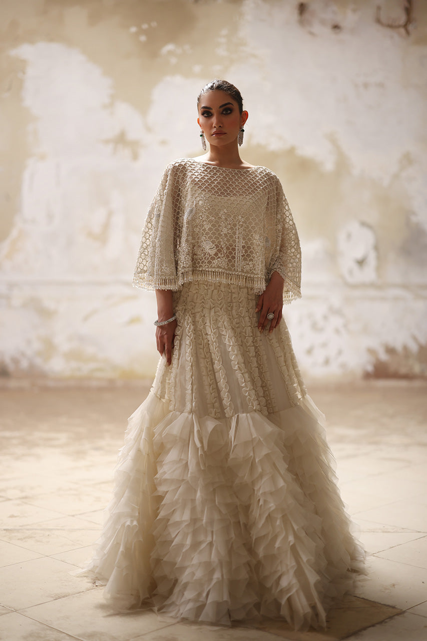 Ivory Zardozi Organza Cape and Lehenga (2-Piece) - Image 2