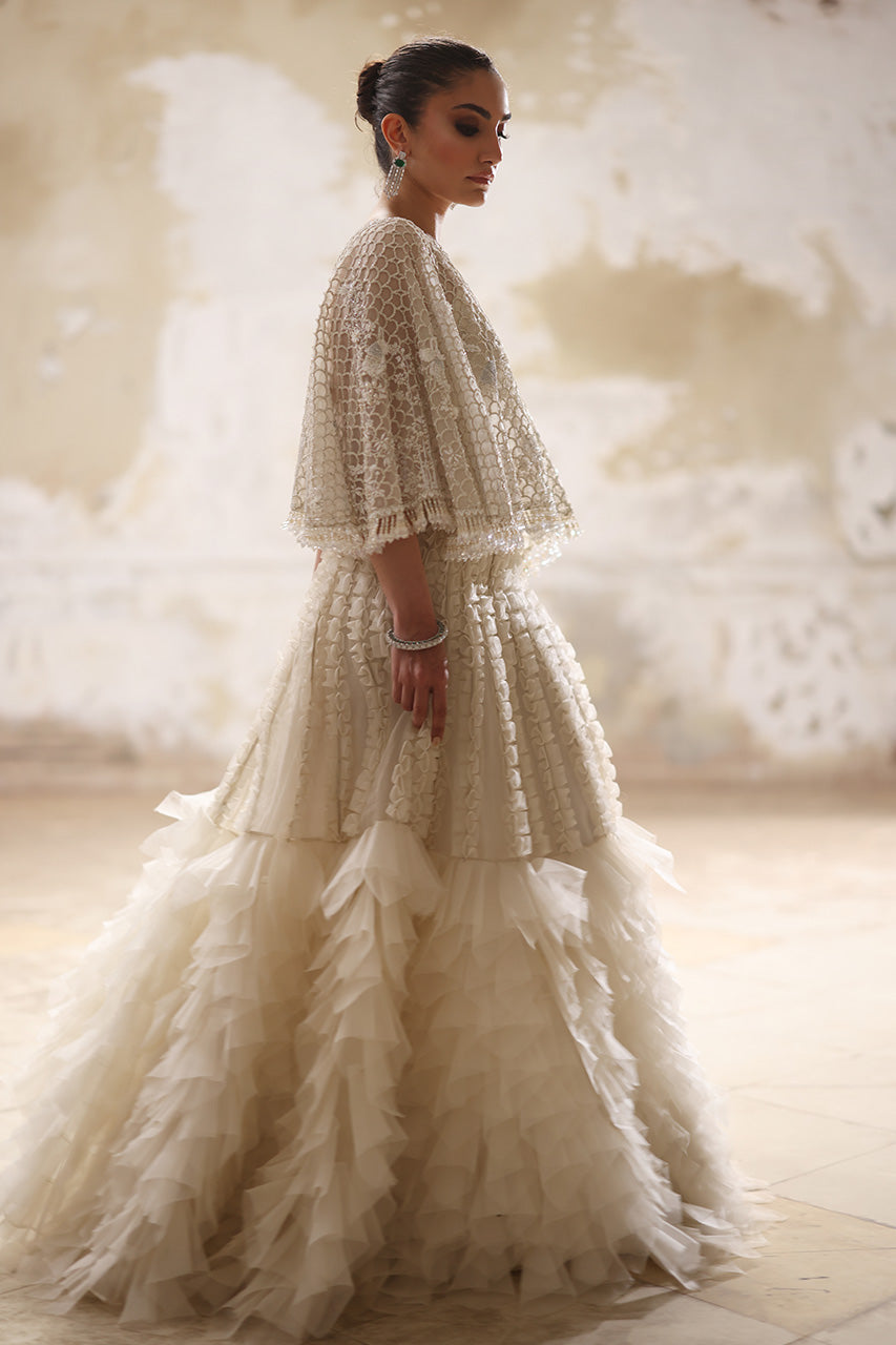 Ivory Zardozi Organza Cape and Lehenga (2-Piece) - Image 3