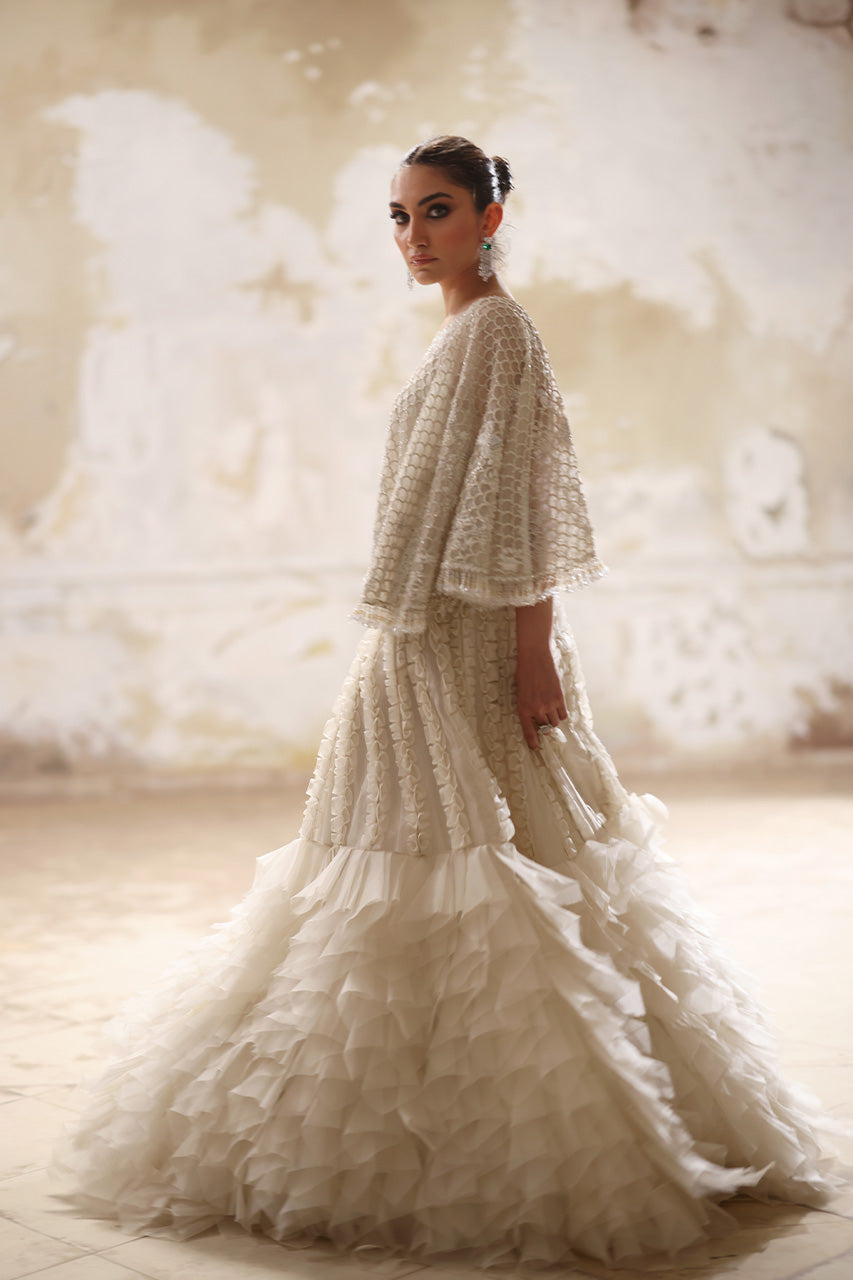 Ivory Zardozi Organza Cape and Lehenga (2-Piece) - Image 4