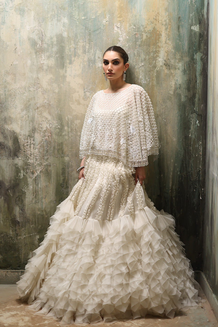 Ivory Zardozi Organza Cape and Lehenga (2-Piece) - Image 5