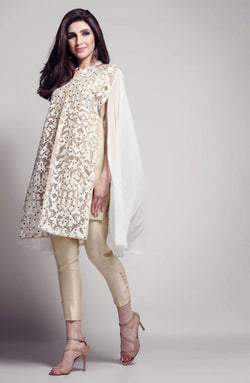 Ivory Burnout Raw Silk Cape Dress (3-Piece) - Image 1