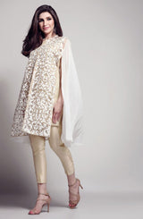 Ivory Burnout Raw Silk Cape Dress (3-Piece) - Image 2