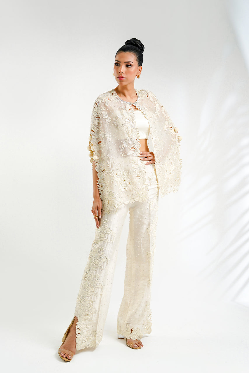 Ivory Embroidered Organza & Raw Silk Cape (3-Piece) - Image 1