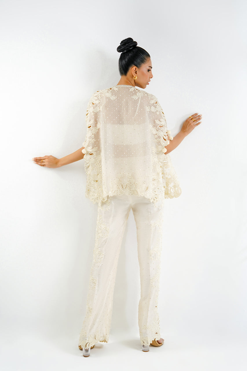 Ivory Embroidered Organza & Raw Silk Cape (3-Piece) - Image 2