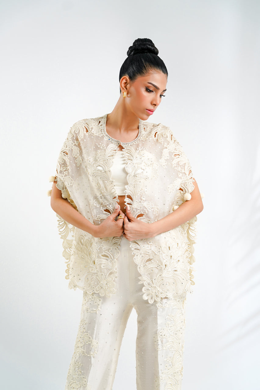 Ivory Embroidered Organza & Raw Silk Cape (3-Piece) - Image 3
