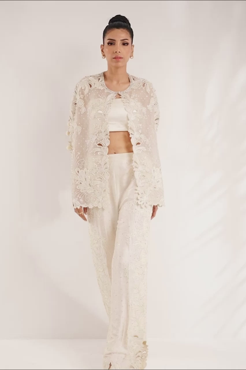 Ivory Embroidered Organza & Raw Silk Cape (3-Piece) - Image 7