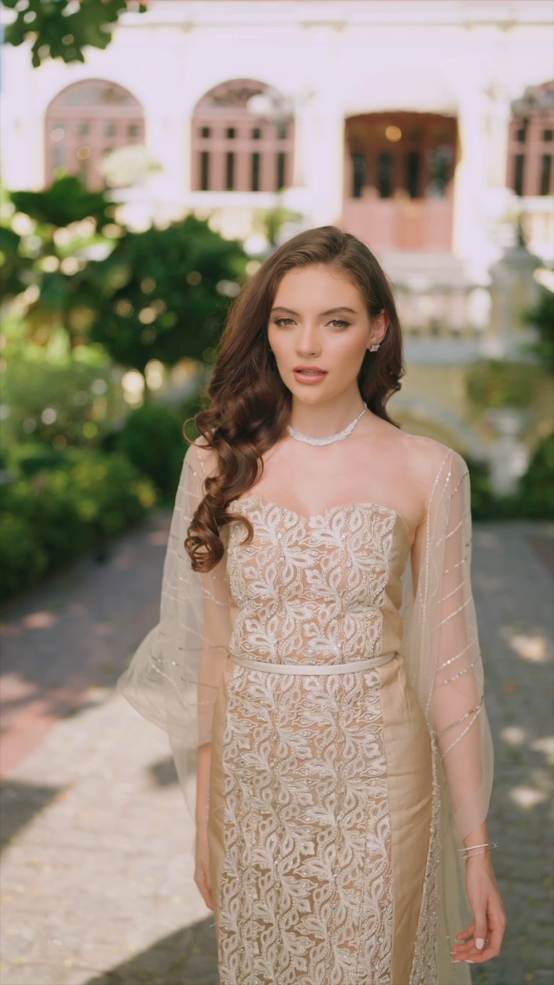 Ivory Silk-Embroidered Tulle Cape Gown (1-Pc) - Image 11