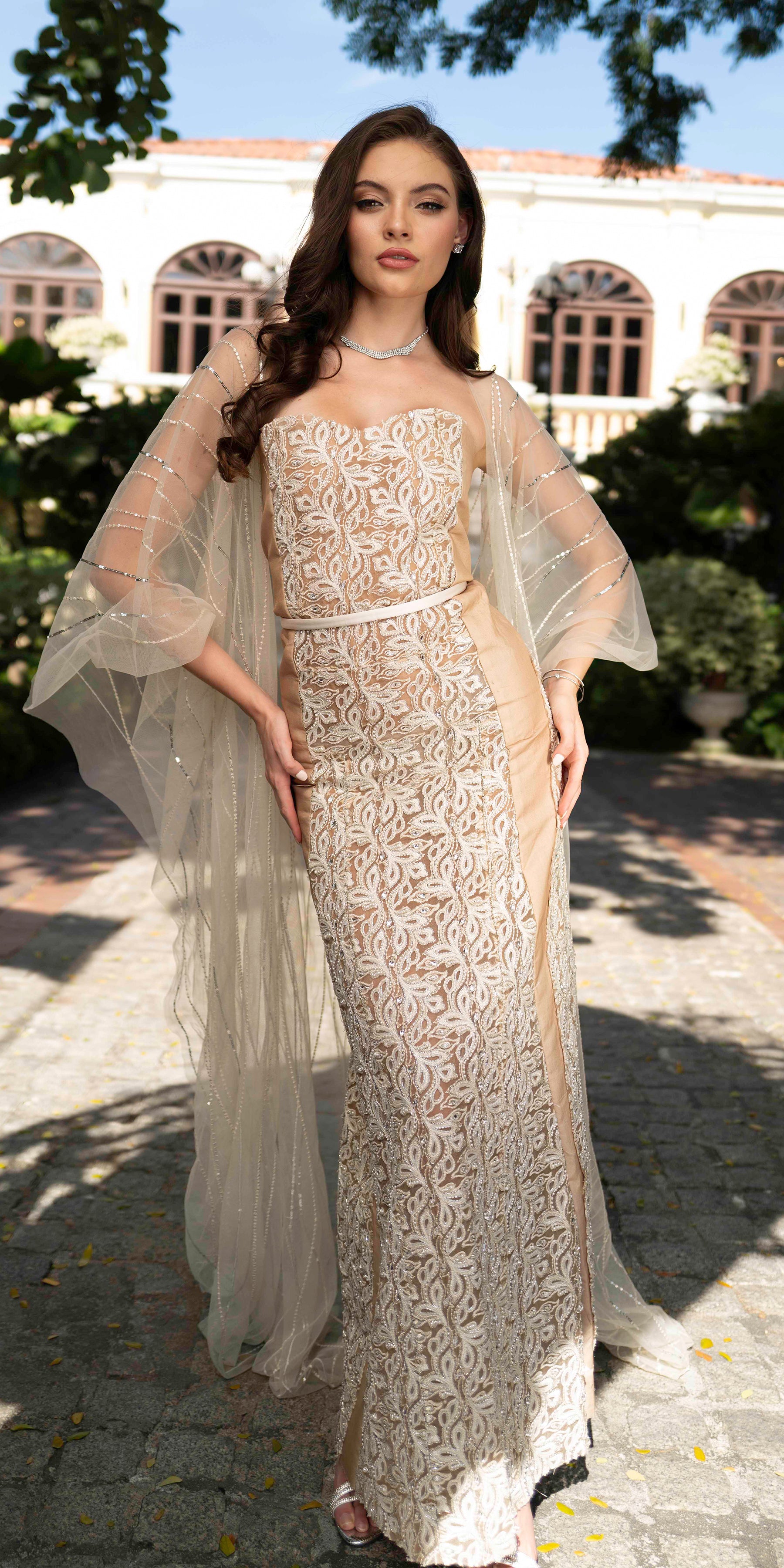 Ivory Silk-Embroidered Tulle Cape Gown (1-Pc) - Image 3