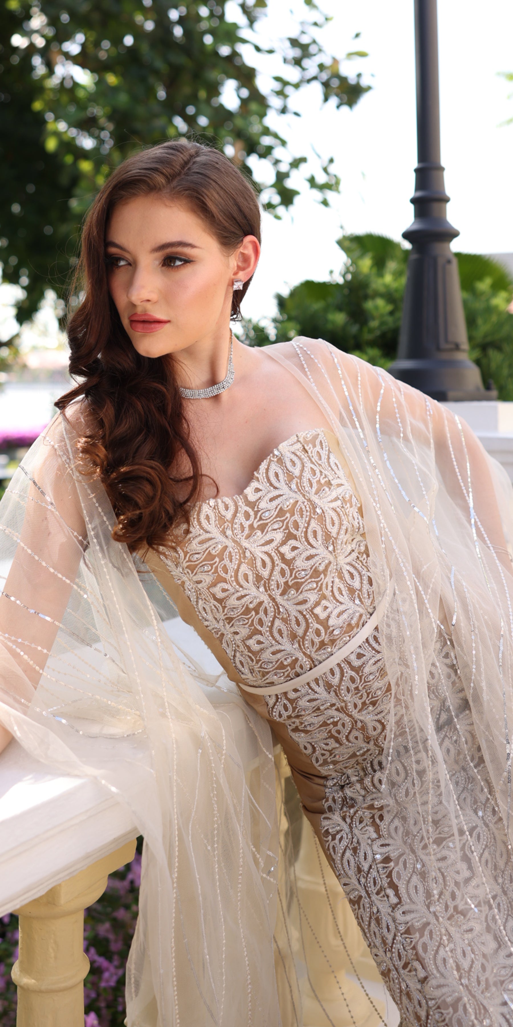 Ivory Silk-Embroidered Tulle Cape Gown (1-Pc) - Image 6