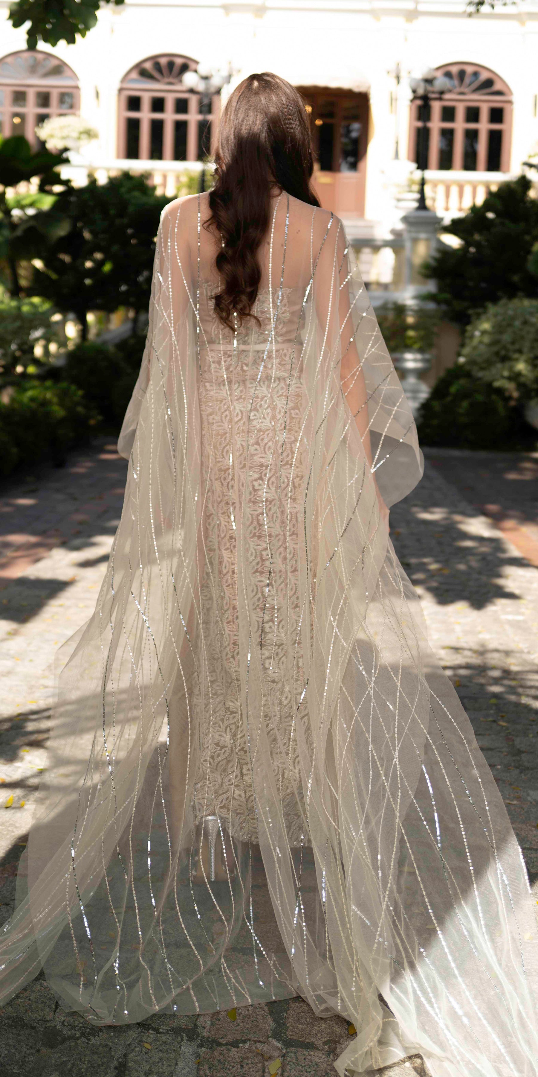 Ivory Silk-Embroidered Tulle Cape Gown (1-Pc) - Image 8