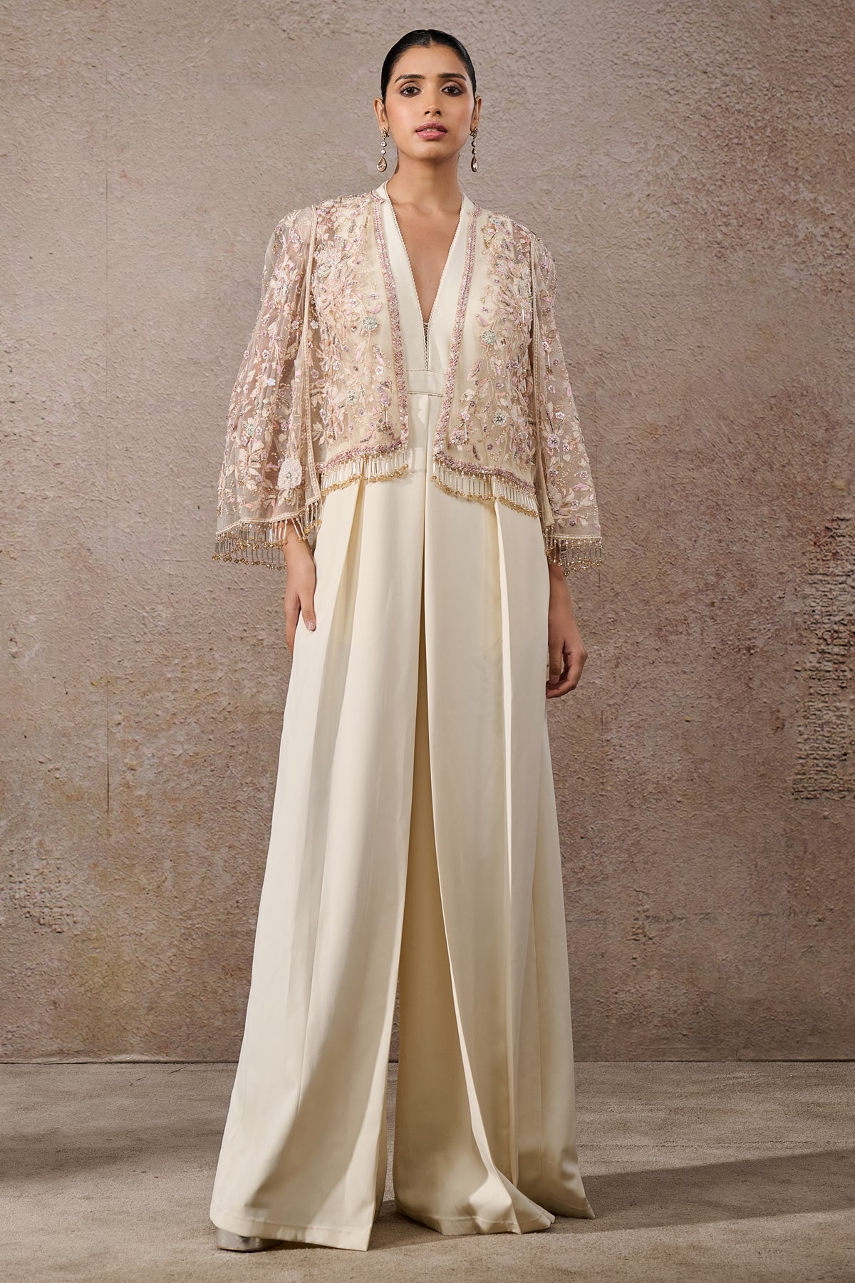 Ivory Hand-Embroidered Tulle Net Cape Dress (2-Piece) - Image 1