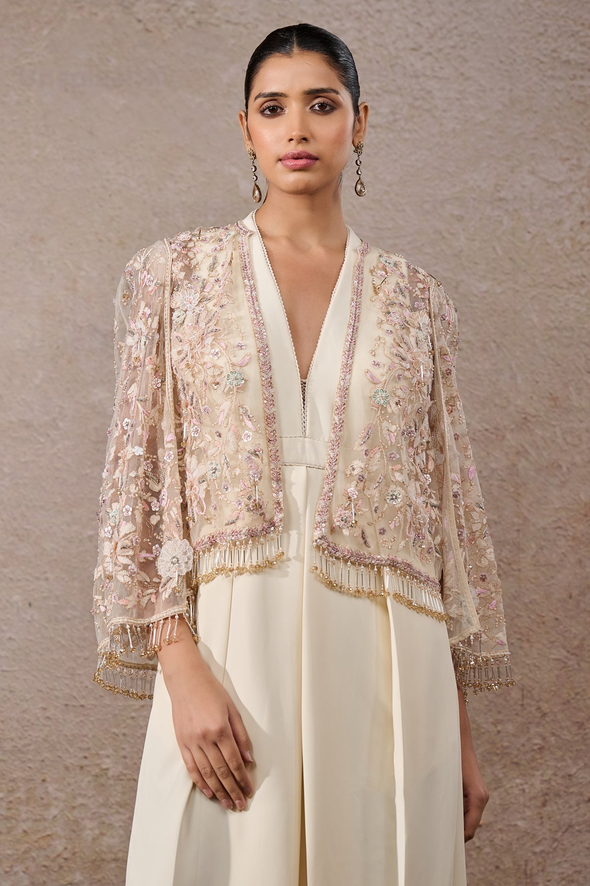 Ivory Hand-Embroidered Tulle Net Cape Dress (2-Piece) - Image 2