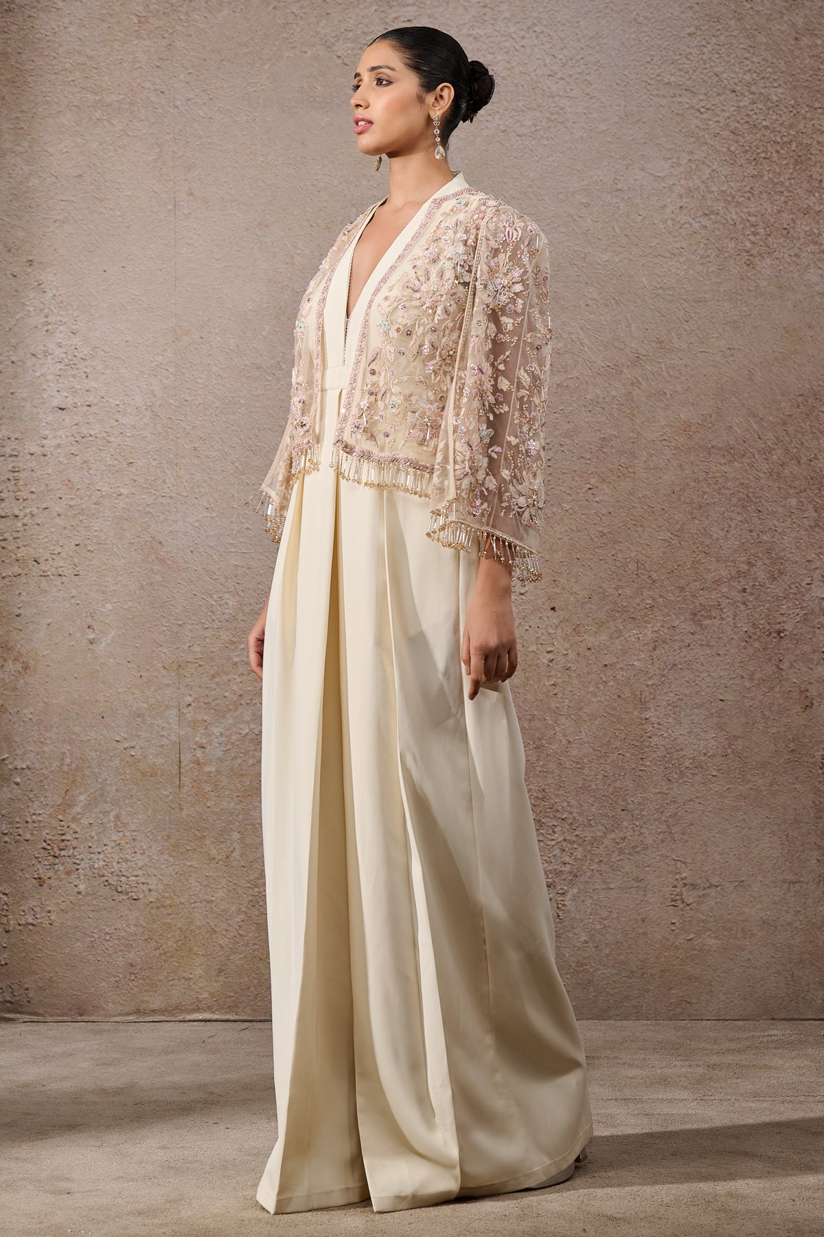 Ivory Hand-Embroidered Tulle Net Cape Dress (2-Piece) - Image 3